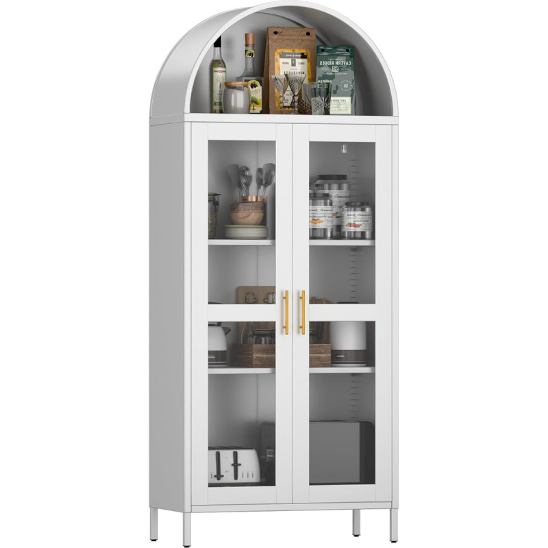 SUPEER Metal Showcase Sideboard Standing Cabinet with Arch Roof, Kitchen Cabinet with 2 Glass Doors, Glass Display Cabinet for Living Room, Bedroom, 185 x 80 x 40 cm (White)