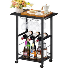 LELELELINKY Serving Trolley, Bar Wine Trolley with Wine Glasses, Bottle Rack, Kitchen Trolley with Wheels, Black Industrial Design Serving Trolley with Wheels, Suitable for Dining Room, Kitchen, Bar