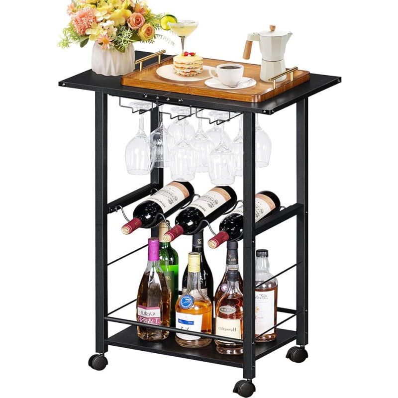 LELELELINKY Serving Trolley, Bar Wine Trolley with Wine Glasses, Bottle Rack, Kitchen Trolley with Wheels, Black Industrial Design Serving Trolley with Wheels, Suitable for Dining Room, Kitchen, Bar