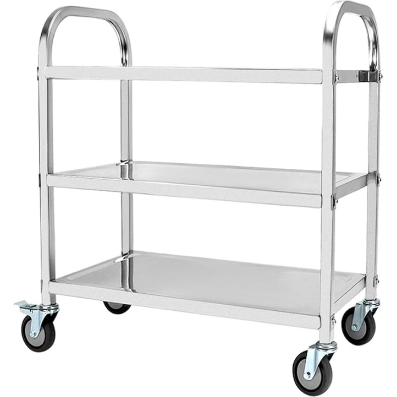 QWORK® 3 Tier Stainless Steel Serving Trolley Tea Trolley Cleaning Trolley 95 x 50 x 95 cm Quiet Wheels with Brakes