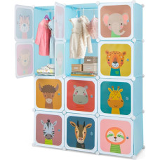 COSTWAY Children's Wardrobe, Plastic Shelving System with 12 Cubes, Expandable with Doors and 2 Hangers, Storage Cupboard Shelving for Children's Room, Playroom (Blue)