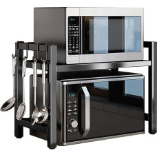 PKOUVOO Expandable Microwave Shelf, Microwave Shelf, Extendable, Standing Microwave Shelf for Kitchen Organiser, Microwave Stand, Kitchen Shelf, Worktop, Baker's Rack with 4 Hooks (Black)