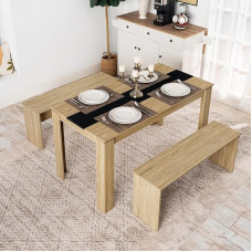 FURNITABLE Dining Table with 2 Benches, Set of 3, Kitchen Table 140 x 70 x 75 cm, 2 Benches Each 110 x 30 x 45 cm, Dining Room Group Oak + Black