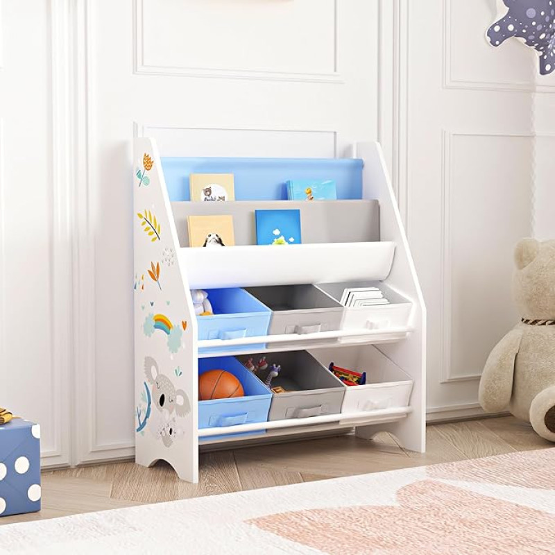 [en.casa] Ponteceso Children's Bookcase with 2 Shelves, Toy Shelf, 6 Boxes, Book Box with Koala Motif, White, Grey, Blue, Children's Room Organiser