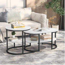 LIVLUX Coffee Table Set of 2, Modern Nesting Coffee Table with Metal Frame and Marble Veneer, Suitable for Living Room, Balcony, Office (Black A)
