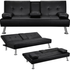 Yaheetech 3-Seater Sofa Bed Couch with Cup Holder Guest Bed Reclining Backrest 105°/140°/180°, 167 x 81.5 x 75 cm, 350 kg Load Capacity, Black Faux Leather