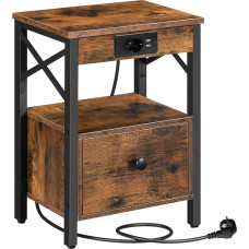 HOOBRO EBF128CBZ01G1 Bedside Table with Charging Station, Side Table with Folding Drawer, Bedside Cabinet with USB Ports and Socket, Bedside Table for Bedroom, Vintage Brown/Black