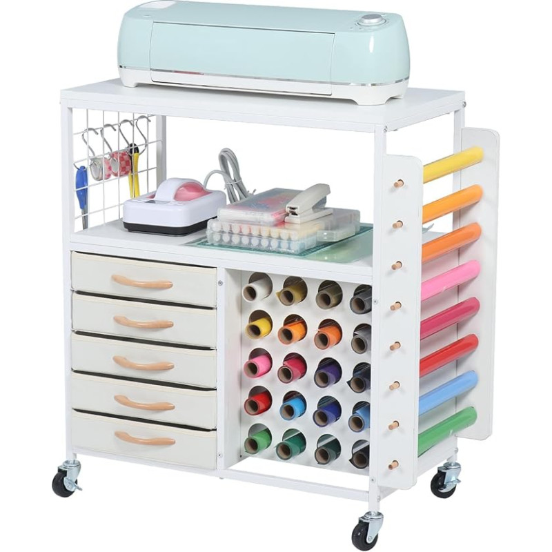SMONTER Craft Cart with 28 Vinyl Roll Holders & 5 Drawers, Mobile Trolley Compatible with Cricut-Maker/Explore, Organiser for Sewing Studio and Craft Room, White