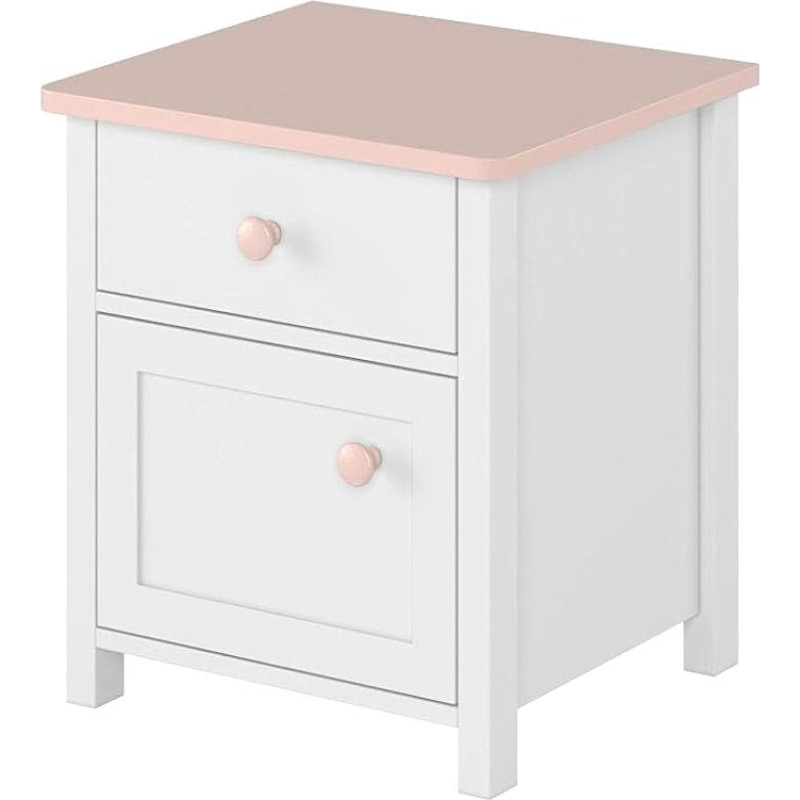 Furniture24 Luna LN7 Bedside Table with Door and Drawer, Alpine White/Pink, Girls' Room, Children's Room