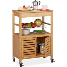 Relaxdays Bamboo Kitchen Trolley, Worktop, Cupboard Compartment & Basket, Serving Trolley with Wheels, H x D: 82 x 59.5 x 35 cm, Natural