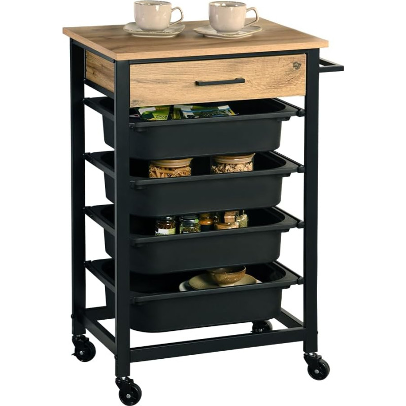 Kesper Kitchen Trolley with Drawer, 4 Plastic Containers, Material: Metal, Bamboo, Plastic (PP), Dimensions: 47 x 37 x 85 cm, Colour: Sonoma Oak Decoration, Black, 25532 13