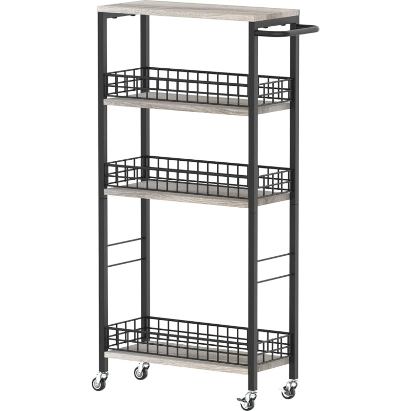 NORCEESAN Narrow Rolling Cart 4 Tiers, Narrow Kitchen Trolley on Wheels, Serving Trolley, Niche Shelf on Wheels with Wooden Table Top for Office, Small Spaces, Kitchen, Living Room, Study, Grey