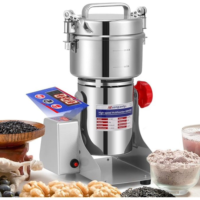 Moongiantgo 800 g Grain Mill Electric Spice Mill with LED Display, Stainless Steel & 2500 W 36000 RPM Commercial Motor, 30s High Speed Superfine Grinding, for Herbs/Cereals/Spices