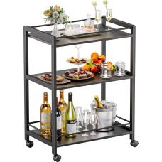 HITNET Serving Trolley, Black, Rolling Trolley, Bar Trolley with Wheels, 3 Levels, Drinks Trolley for Kitchen, Dining Room, Living Room
