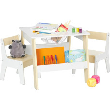 Relaxdays Children's Table with 2 Chairs with Storage Space for Boys and Girls, Child Seating Area, White/Beige
