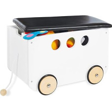Pinolino Jim Toy Box Wooden and Faux Leather with Pull Cord and Rubberised Wooden Wheels, Removable Lid, from 3 Years, White Varnished / Faux Leather Black