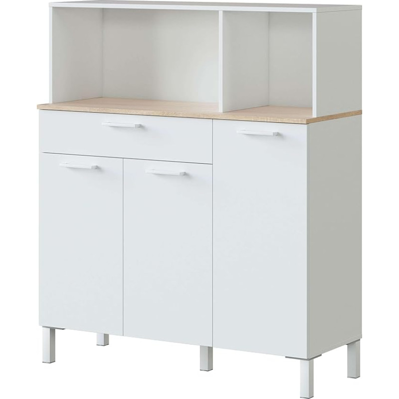 Habitdesign, Kitchen Cabinet Sideboard Dining Room Side Furniture 3 Door + 1 Drawer and Inner Shelf Arctic White Canadian Oak 108 x 126 x 40 cm (W x H x D)