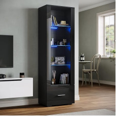 SONNI Glass Display Cabinet with LED Lighting, Black/White, High-Gloss Front, with 4 Shelves and 1 Drawer, Standing Display Cabinet, Living Room Display Cabinet, W550 x D350 x H1720 mm