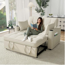 Merax Sofa Bed 2-Seater Sofa with Sleep Function, Foldable 3-in-1 Sofa Bed with Adjustable Backrest, Drink Holder and Armrest Pockets, Velvet, Beige, 137 x 76.5 x 83 cm