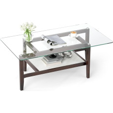 GIANTEX Glass Coffee Table, Modern Rectangular Living Room Table, Coffee Table, Tea Table, 2 Levels, Sofa Table, Long Side Table with Solid Wooden Legs, Glass Table for Living Room, Office (107 x 60 x
