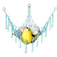 YMWALK Boho Hammock Toy Storage Net with Tassels, Corner Organizer for Stuffed Animals and Plush Toys, Hanging Net for Kids Room, Keep Your Space Tidy and Stylish (Sky Blue)