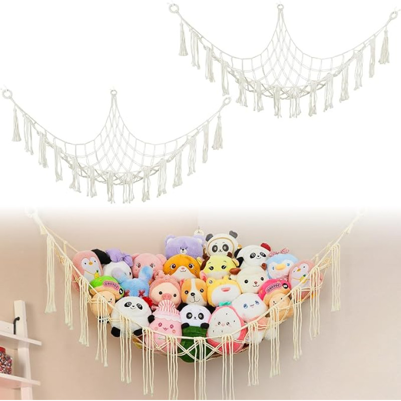 Teddy Toy Hammock, Corner Toy Storage Net for Stuffed Animals, Stuffed Animals, Storage for Nursery and Playroom, Boho Style, Hanging Organizer for Teddy Bears and Plush Toys, Pack of 2