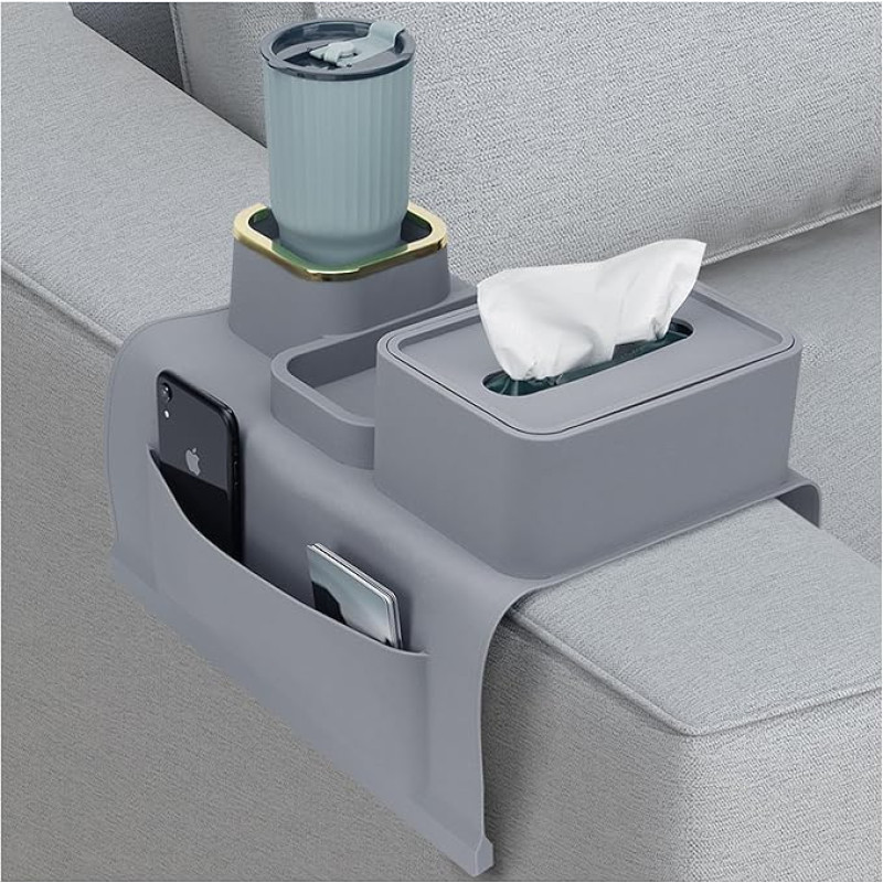 Leyimaoyi Sofa Tray Armrest Silicone - Non-Slip Drink Holder Sofa Tray with Tissue Box, Couch Organiser Cup Holder for Remote Control Smart Phone Magazines Drinks