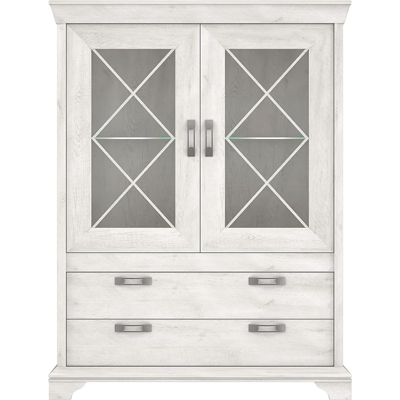 FORTE Kashmir Display Cabinet with 2 Glass Doors and 2 Drawers, Wood Composite, Pine White Decor, 48.2 x 123 x 210.3 cm