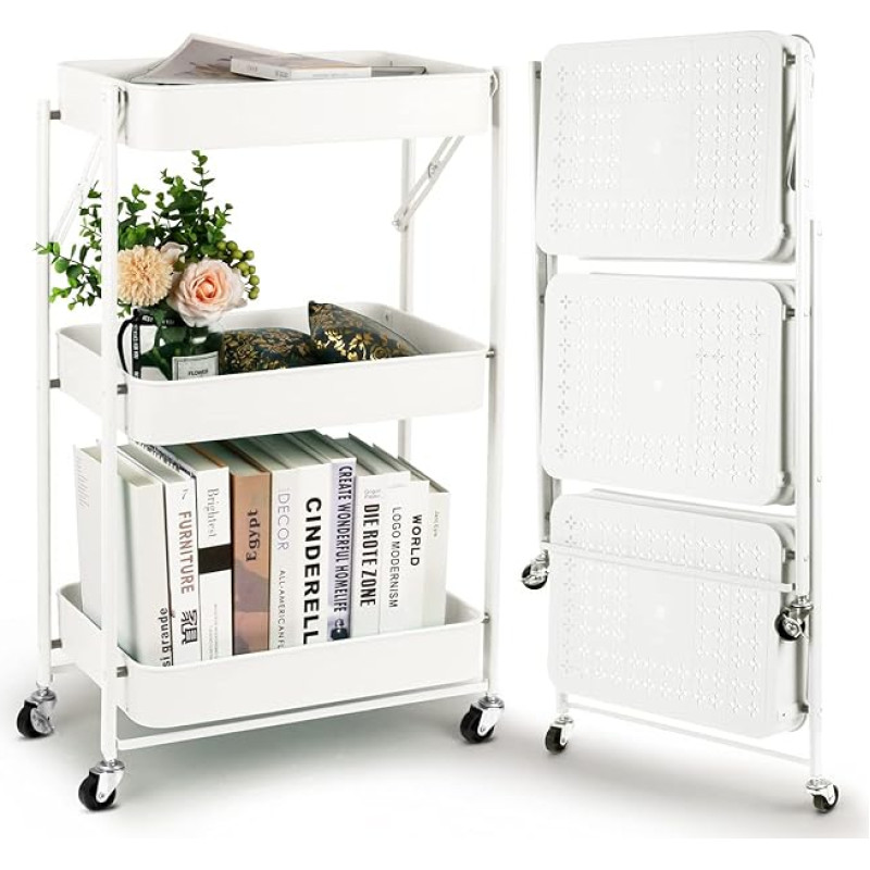Todeco Folding 3-Tier Rolling Cart Serving Trolley Kitchen Trolley Metal Plastic No Assembly 46 x 29 x 78 cm for Bathroom Kitchen (White)