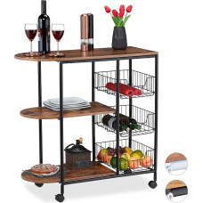 Relaxdays Serving Trolley, Kitchen Trolley with 3 Shelves and 3 Baskets, Industrial, Metal & MDF, H x W x D: 84 x 83 x 37 cm, Black/Brown, Pack of 1