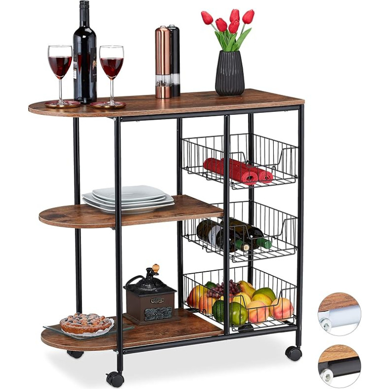 Relaxdays Serving Trolley, Kitchen Trolley with 3 Shelves and 3 Baskets, Industrial, Metal & MDF, H x W x D: 84 x 83 x 37 cm, Black/Brown, Pack of 1