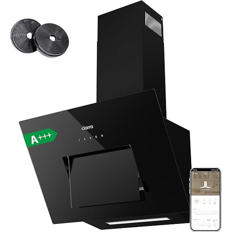 CIARRA CBCB6736M A+++ Cooker Hood 60 cm Recirculation Wi-Fi App Touch Control Glass Plate Opens Automatically Headless Slant Hood Extractor Hood 650 m³/h 4 Levels Booster Exhaust Air CBCF003 Carbon