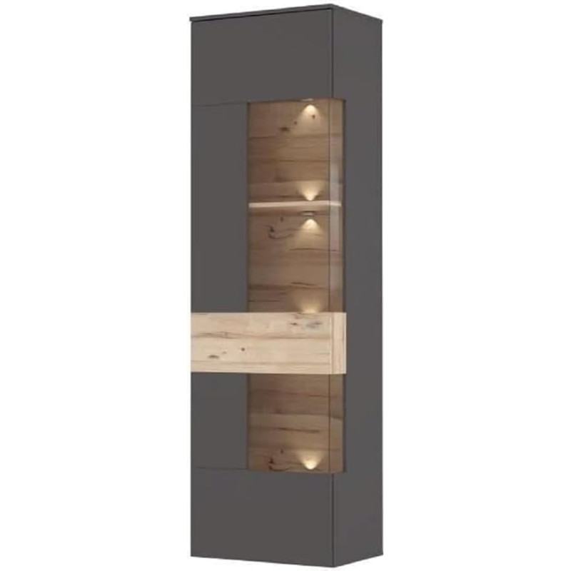 Forte Como Display Cabinet with 1 Glass Door, Composite Wood, Plain Tungsten Grey/Planked Oak, 60.4 x 203.3 x 41.3 cm