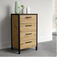 FORTE KIRIKUS Narrow Chest of Drawers 50 60, Chest of Drawers with 4 Drawers, Modern Sideboard, Living Room Chest of Drawers, Wood Composite, Artisan Oak Wood Decor with Black, 50.5 cm Wide x 89.5 cm