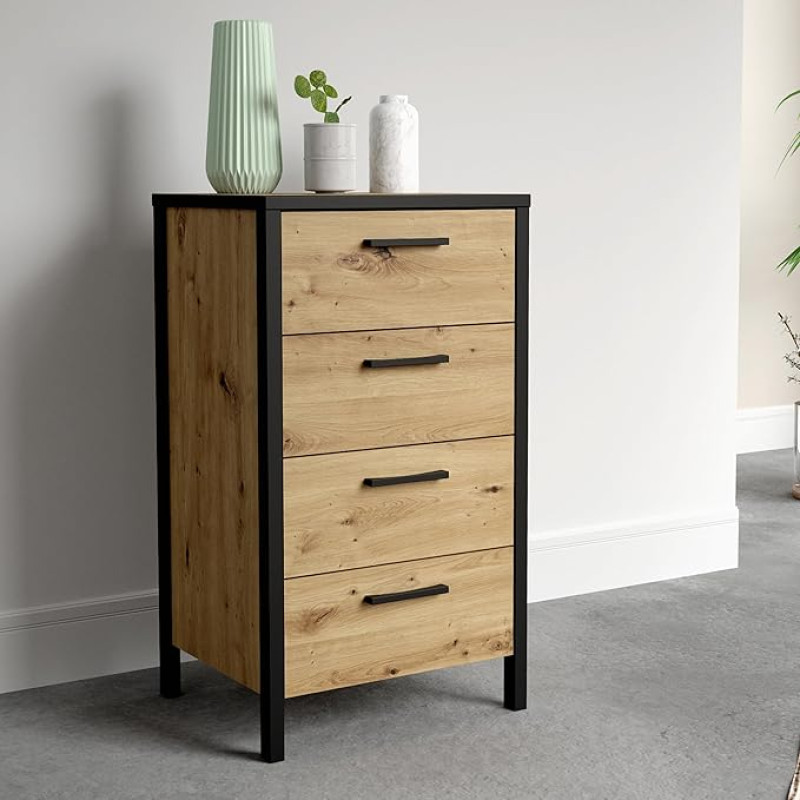 FORTE KIRIKUS Narrow Chest of Drawers 50 60, Chest of Drawers with 4 Drawers, Modern Sideboard, Living Room Chest of Drawers, Wood Composite, Artisan Oak Wood Decor with Black, 50.5 cm Wide x 89.5 cm