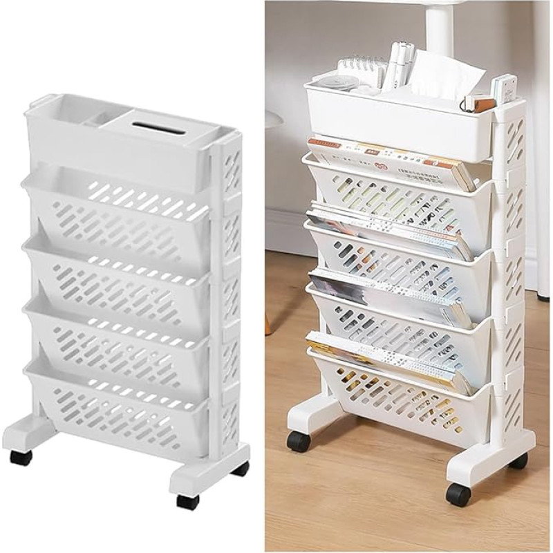 NUODWELL Mobile Bookcase with Wheels, Multilayer Desk Bookcase Rotating Rolling Shelf Organization Shelf for School Classroom Home (5 Tiers)