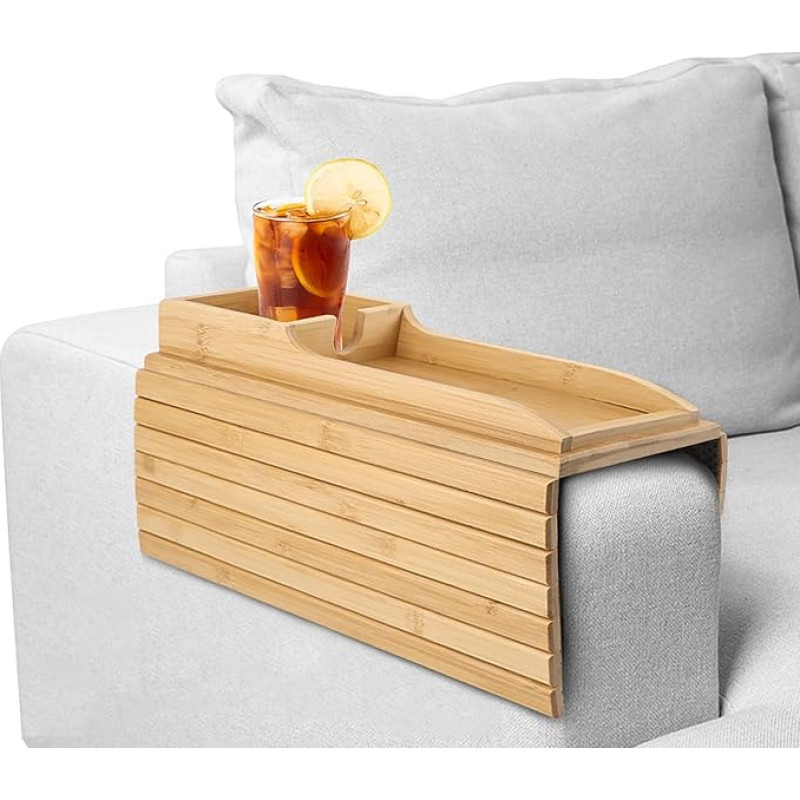 NHBETYS Sofa Tray Armrest, Sofa Tray Armrest Made of Bamboo with Removable Couch Drink Holder, Non-Slip, Foldable Armrest Tray, Couch Tray for Drinks Cup Remote Control
