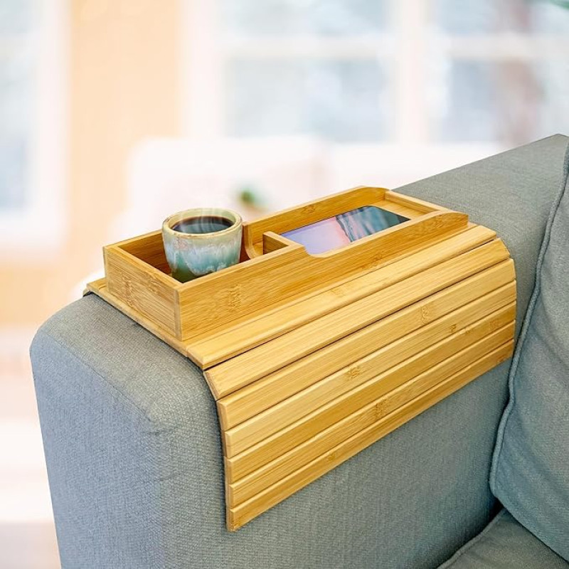 Natural Bliss Bamboo Sofa Armrest Table - Adjustable Couch Shelf with Non-Slip Surface | Organiser Tray for Cups, Snacks, Mobile Phone and Remote Control