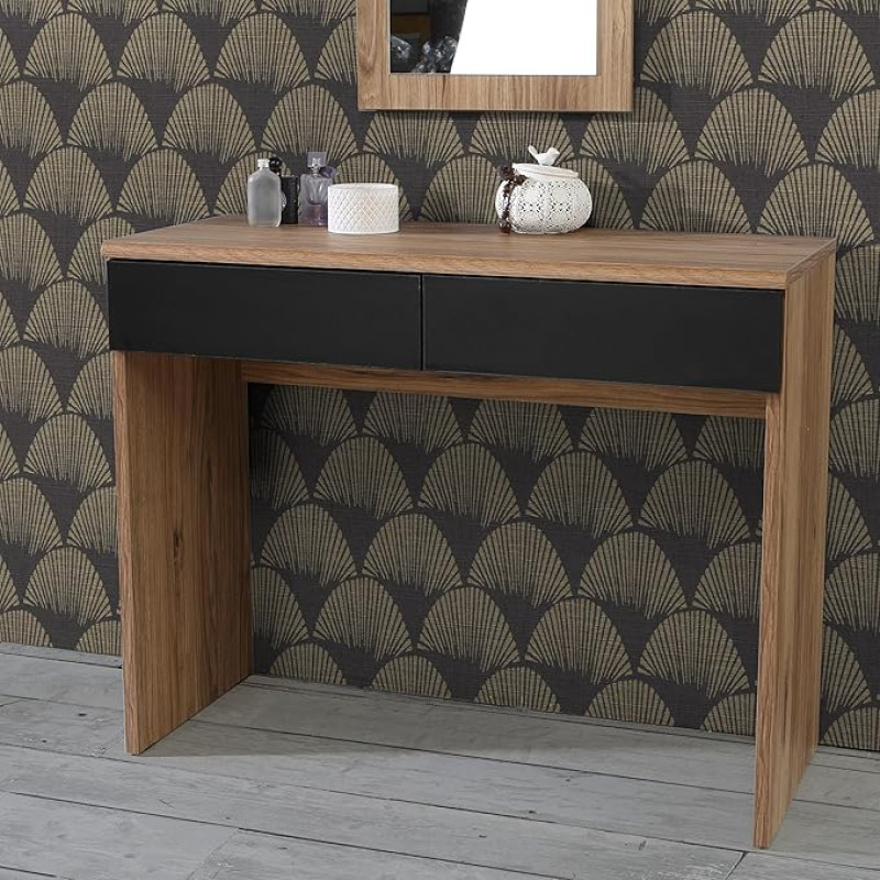 Forte Dalate Dressing Table 100, Modern Dressing Table with 2 Drawers, Bedroom, Composite Wood, Catania Oak Wood Decor/Black, 100.3 cm Wide x 79.9 cm High x 41.3 cm Deep