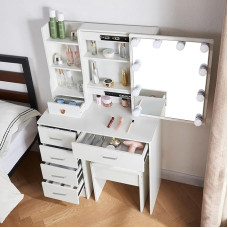 Buildonely SD19070114 Dressing Table with Lighting and Mirror, Dressing Table with Stool, Cosmetic Table with 6 Drawers, 3 Colour Temperatures and Adjustable Brightness, White, 36 x 80 x 131 cm
