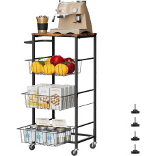 CADUKE Serving Trolley with Wooden Top and Wheels, Vegetable Rack for Kitchen, Metal Uses Rolling Cart with Handle, for Bathroom, Kitchen, Office, Living Room, Practical Kitchen Cart for Small Spaces