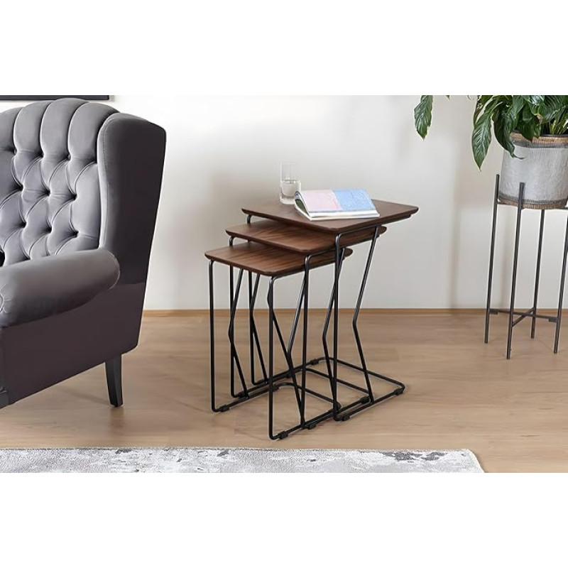 Hanah Home Elegant Walnut Nesting Table Set (3 Pieces) | 100% MDF with Metal Legs | Dimensions: 43 x 65 cm, 40 x 60 cm, 38 x 55 cm | Stylish & Functional for Modern Spaces