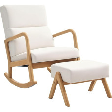 HOMCOM Rocking Chair with Stool, Swing Chair with Linen Look, Upholstered Chair for Living Room, Bedroom, Cream White
