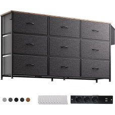 PURFINO Chest of Drawers with Fabric Drawers - Large TV Stand for 43-60 Inch TVs with 9 Drawers, Label Cards, Side Pocket & Hooks, Fabric Chest of Drawers for Living Room, Hallway, Bedroom