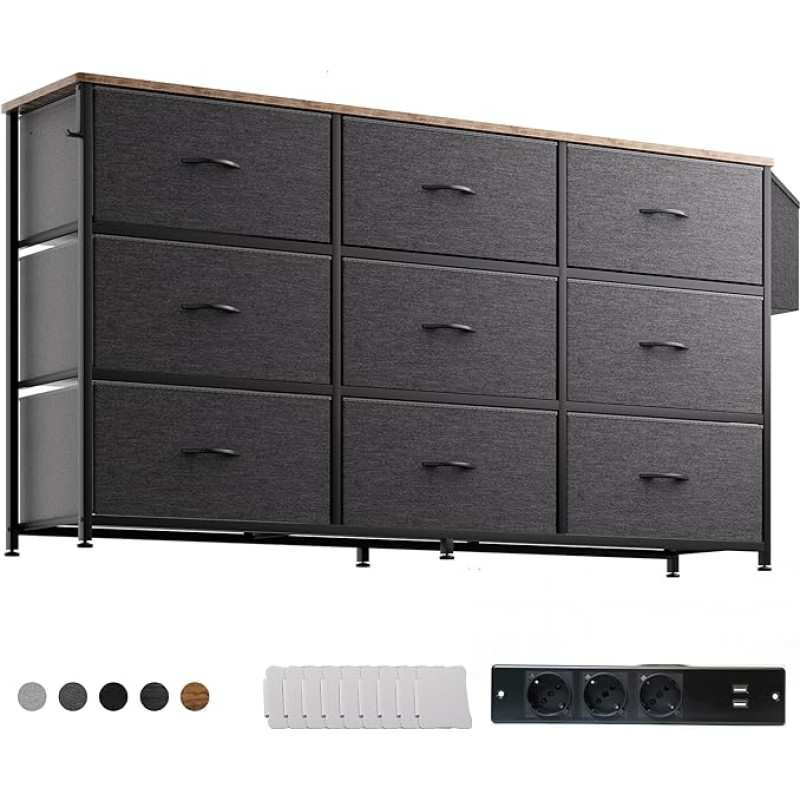 PURFINO Chest of Drawers with Fabric Drawers - Large TV Stand for 43-60 Inch TVs with 9 Drawers, Label Cards, Side Pocket & Hooks, Fabric Chest of Drawers for Living Room, Hallway, Bedroom