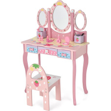LIFEZEAL Children's Dressing Table, Cosmetic Table with 3-Fold Mirror, 2-in-1 Dressing Table with Stool and 3 Drawers, Make-Up Table Set for Girls Including Some Accessories, in Strawberry Pattern,