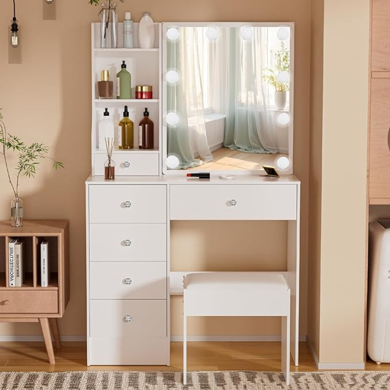 Puselo Dressing Table with Lighting and Mirror Dressing Table with Stool Makeup Cosmetic Table with 6 Drawers and 6 Shelves for Bedroom 80 x 36 x 130 cm P39E04