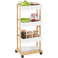Relaxdays Serving Trolley, Bamboo & MDF, Kitchen Trolley with 4 Levels, Rolling Trolley, Kitchen & Bathroom, HBT: 88 x 40 x 30 cm, Natural/White