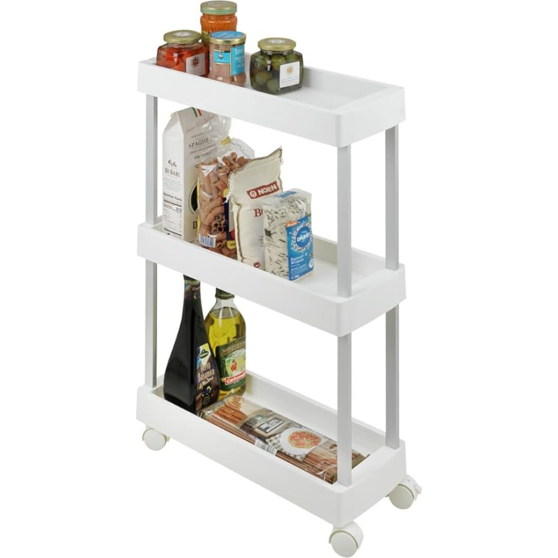 WENKO Mino Kitchen Trolley with 3 Levels and 4 Smooth-Running Wheels, Ideal as Serving Trolley, Kitchen Shelf or Household Trolley, Rustproof Aluminium/PP, 18 x 80 x 45 cm, White/Silver