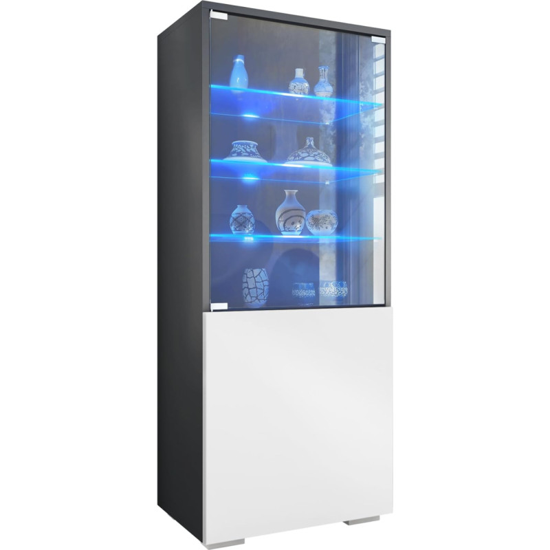 Vladon Granada Display Cabinet, Made in Germany, Display Cabinet with Glass Door and Glass Insert Including LED, Anthracite Matt/Matte White (50 x 122.5 x 34.5 cm)